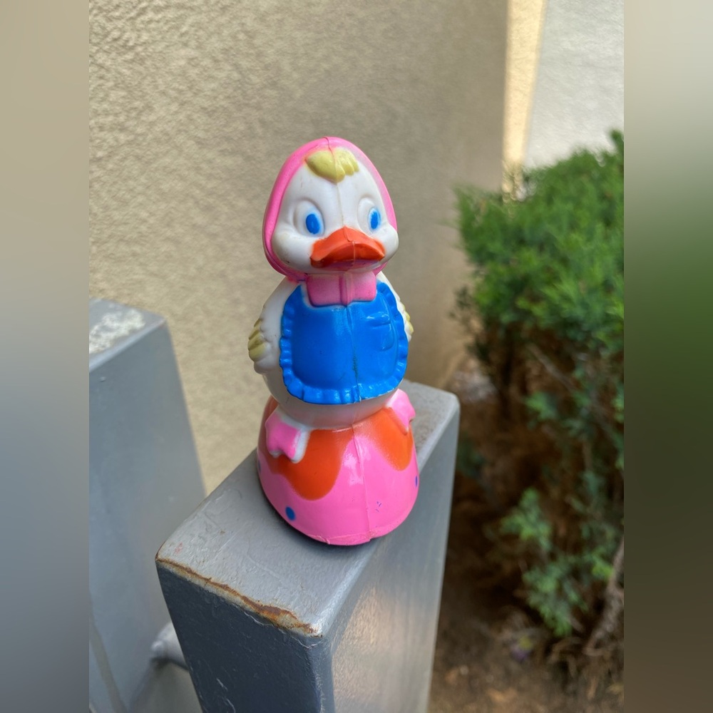 Vintage Pink Duck Bath Toy with Blue Apron